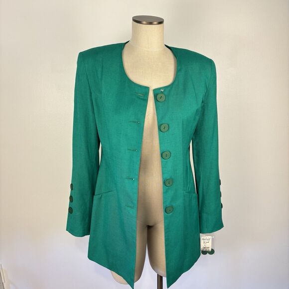 VTG NEW Apart Womens 8 Green Rayon Linen Blend Button Blazer Jacket Classy Work - Picture 6 of 11